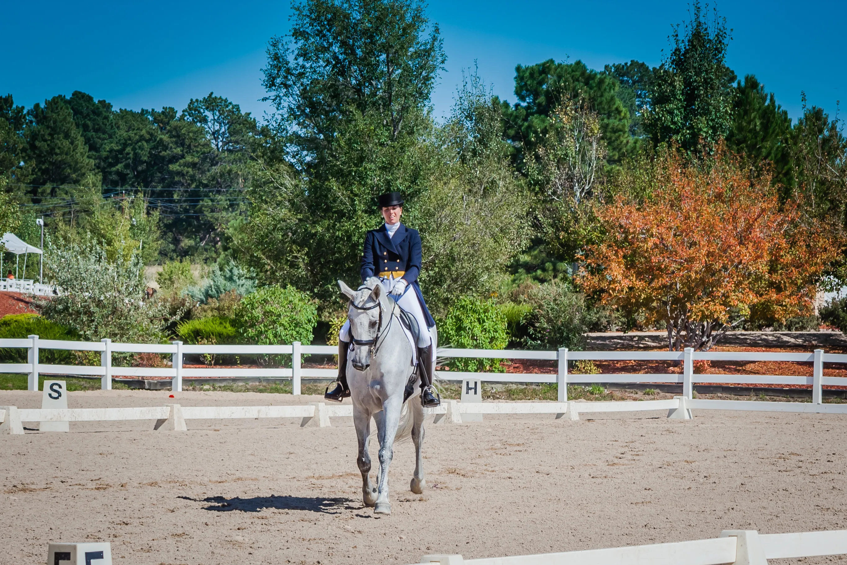 Natalie riding a grey horse at a dressage show