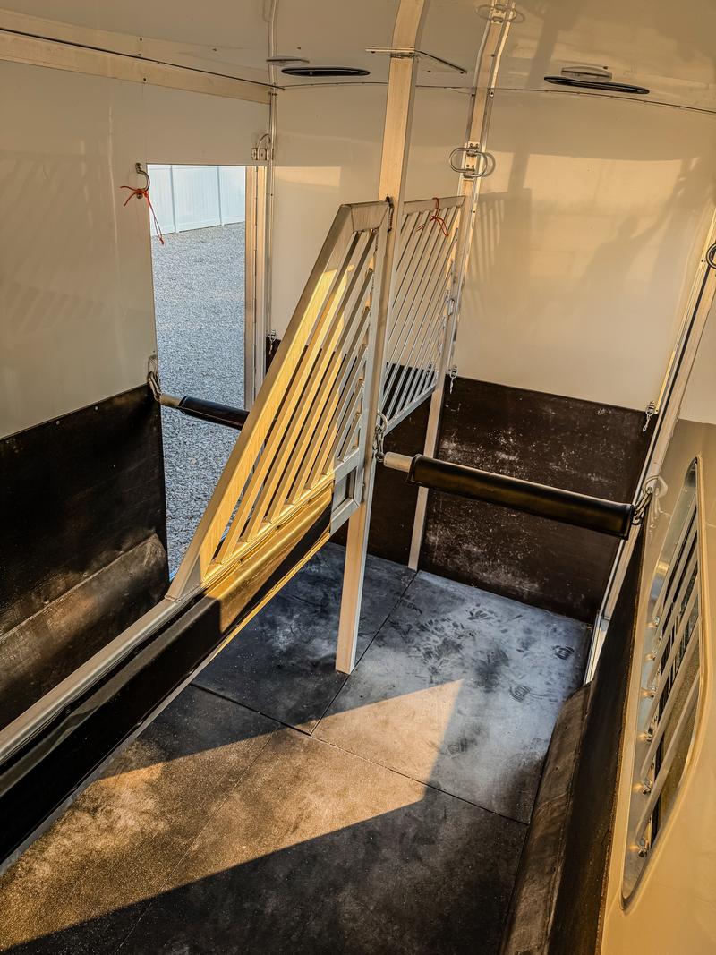 Padded dividers and rubber flooring inside horse compartment