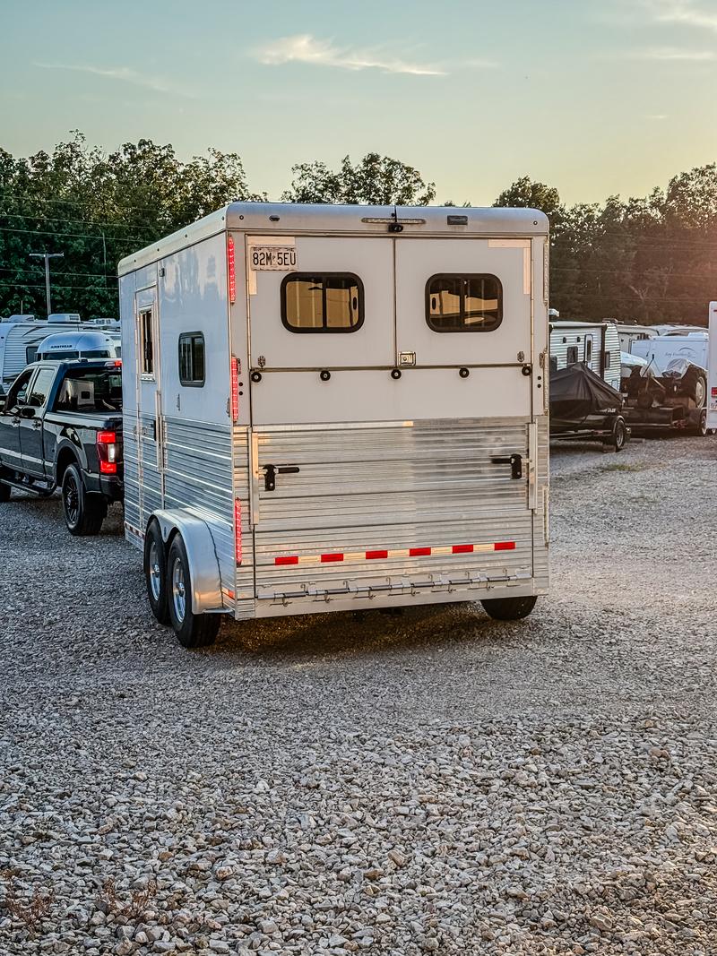 Rear shot of trailer with brake lights on.